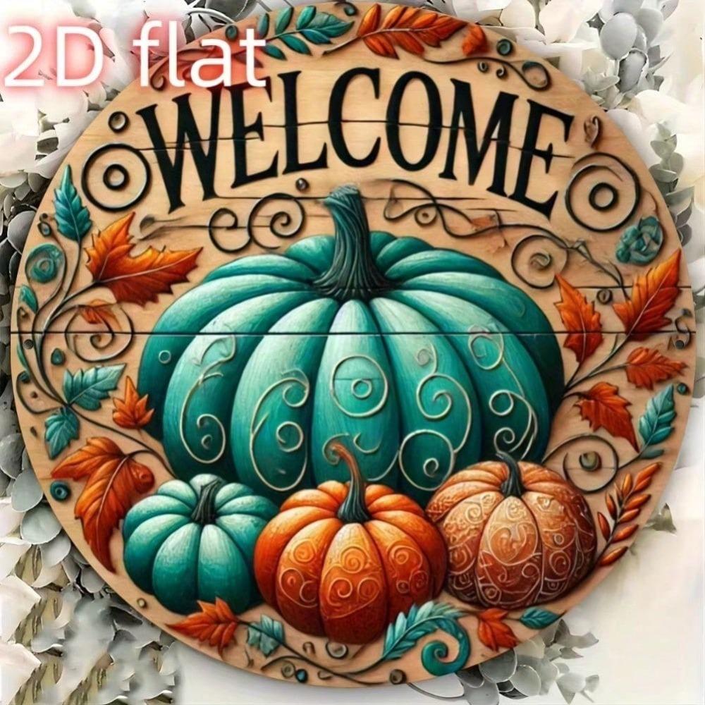 Round Aluminum Pumpkin Fall Sign, 2D Flat Welcome Plaque, Rustic Autumn Wall Art, Weather Resistant Metal Decor for Home