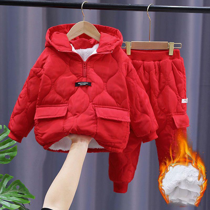 

Зимние детские зимние комплекты одежды из хлопка для детей мальчиков и девочек с капюшоном теплые хлопковые бархатные пуловеры пальто верхняя одежда и штаны комплект из двух предметов зимние комбинезоны 130cm красный