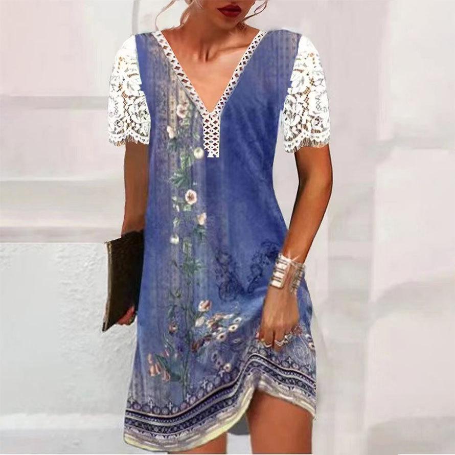 Dámská móda léto jaro ležérní šaty s krátkým rukávem a výstřihem do V