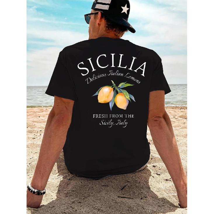 Herren T-Shirt mit Zitronenprint Sizilien Italien - Leicht 180g Reine Baumwolle Atmungsaktiv Kurzarm Rundhals Lässig Sommer Strandhemd mit Sizilien Zitrone