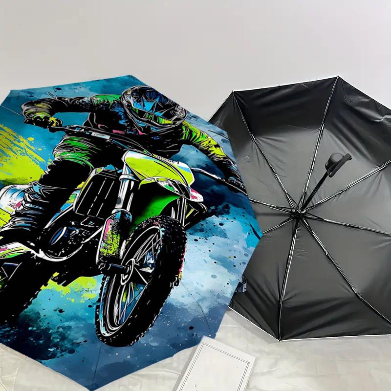 Motocross Rider Splash Art Print Umbrella - Automatic Opening & Closing, Portable Folding Design, 8-Rib Iron Frame, Outdoor Rain Gear, Ideal