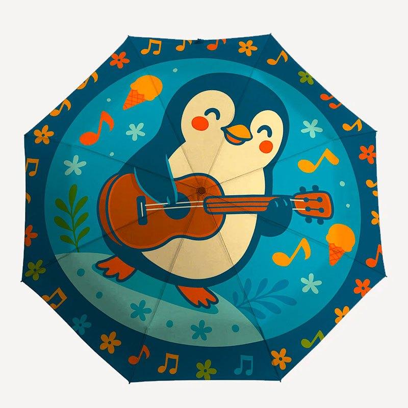 Happy Penguin Playing Guitar Sticker Umbrella, Cute Umbrella with Cute Design, Portable 3-Fold Compact Umbrella for Men & Women, Valentine's Day Mothe