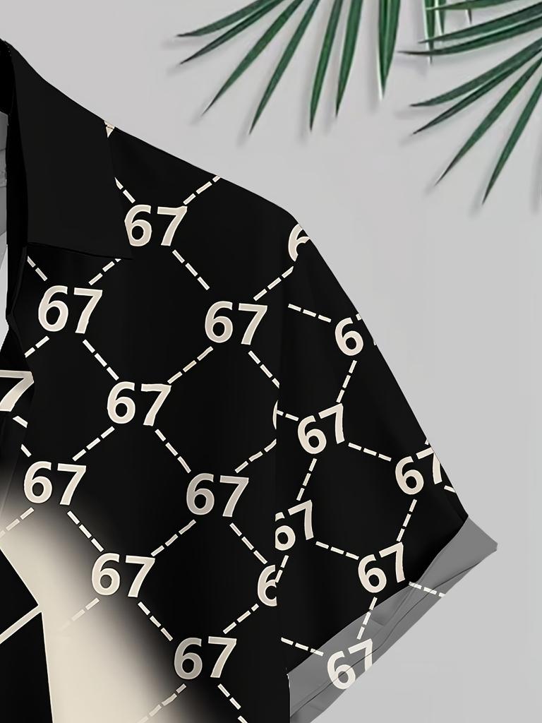 Men'S Casual 3D Black Base 67 Number Diamond Check Full Print Shirt