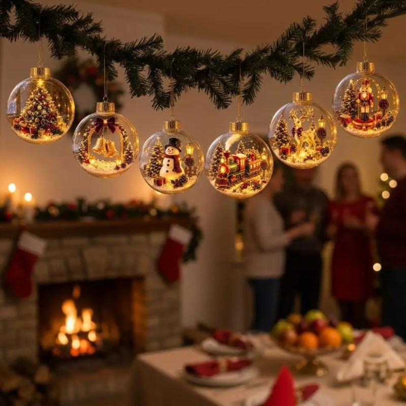 1Pcs Santa Claus Themed Clear Plastic Christmas Ball Ornament Led Light Hanging Decor For Christmas Tree Party Decoration