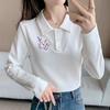 Navava Women Flower Embroidery PoinT BuTTon Collar Long Sleeve T shirT nT3239