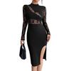 Autumn Women Solid Color Color Block Lace Slit Sexy Bodycon Dress Mature Style French Retro Patchwork Slim Sexy Elegant Women Maxi Dress