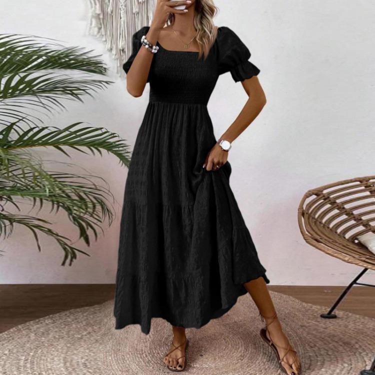 Women S Square Neck Puff Sleeve Maxi Dress Smocked Bodice Tiered Skirt with Pockets for Casual Wear