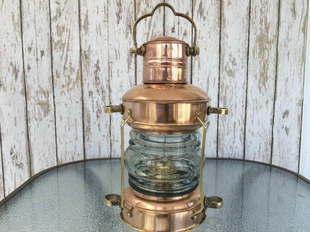 Brass & Copper Anchor Oil Lamp ~ Nautical Maritime Ship Lantern ~ Boat Light