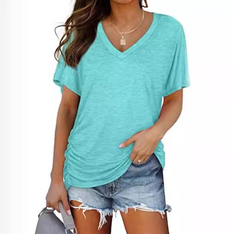 Women's New Solid Color Batwing Sleeve Side Pleated V-neck Short-sleeved T-shirt