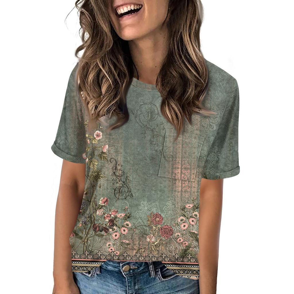 Women's Pocket Floral Print Summer Short Sleeved Round Neck Casual Loose T-shirt Top