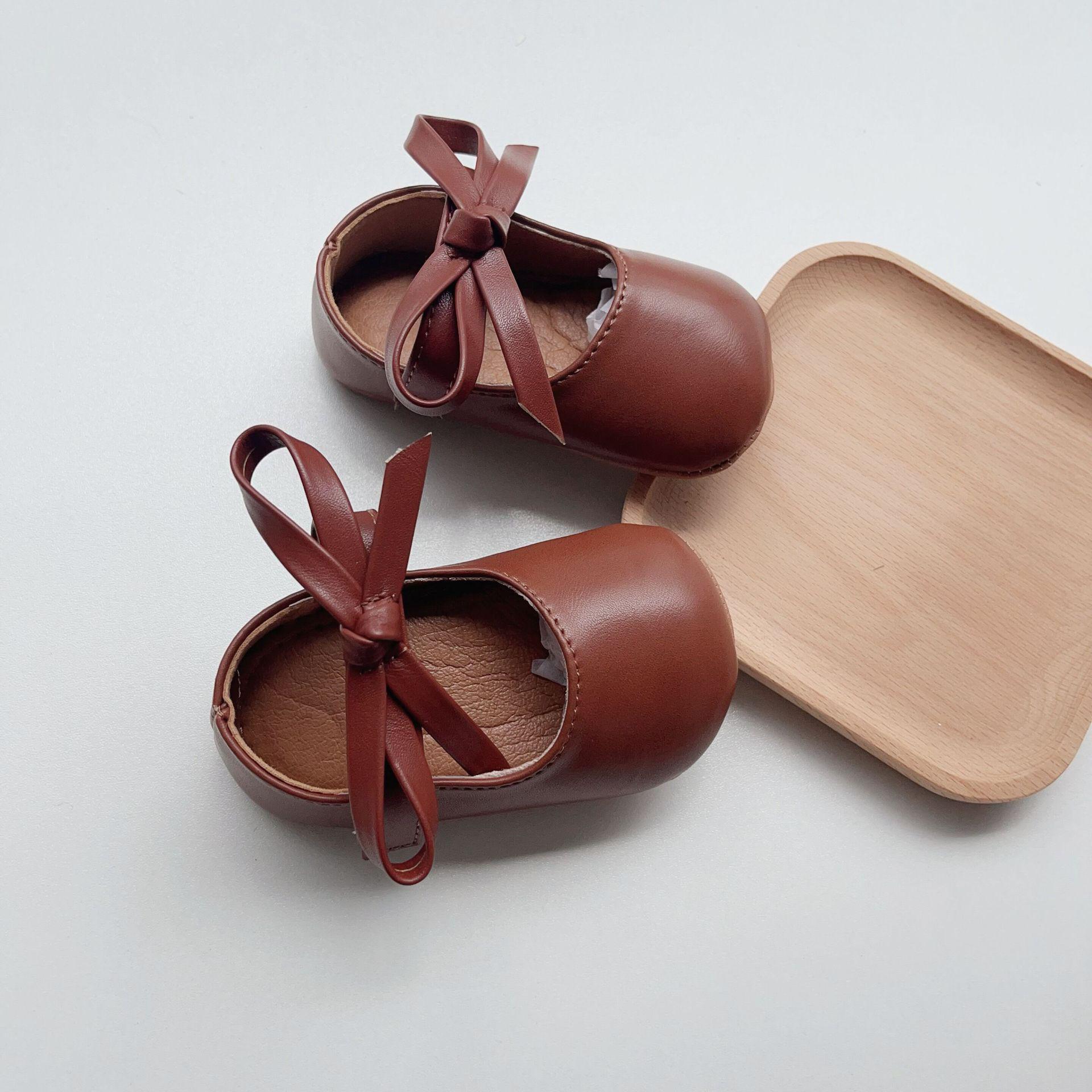 

Туфли из кожи с бантом в корейском стиле для девочек - Туфли принцессы на мягкой подошве M (Insole 12cm) кофейный