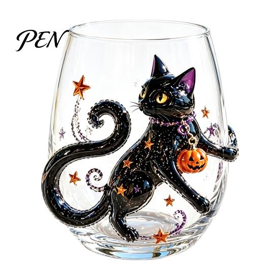 Clear Glassware for Kitchen Halloween Artisan Glassware, Stemless Drinking Glasses with Raised Pumpkin Ghost Black Cat Web School Water Drinkware