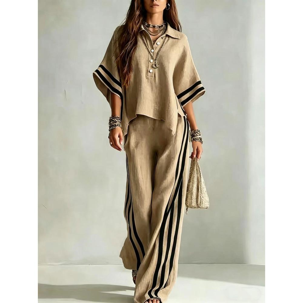 Women's Color Block Striped Dolman Sleeve Polo Shirt & Wide Leg Pants 2 Piece Set