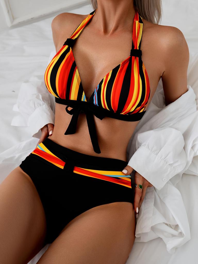 2025 Vibrant Striped Three-Point Backless Bikini