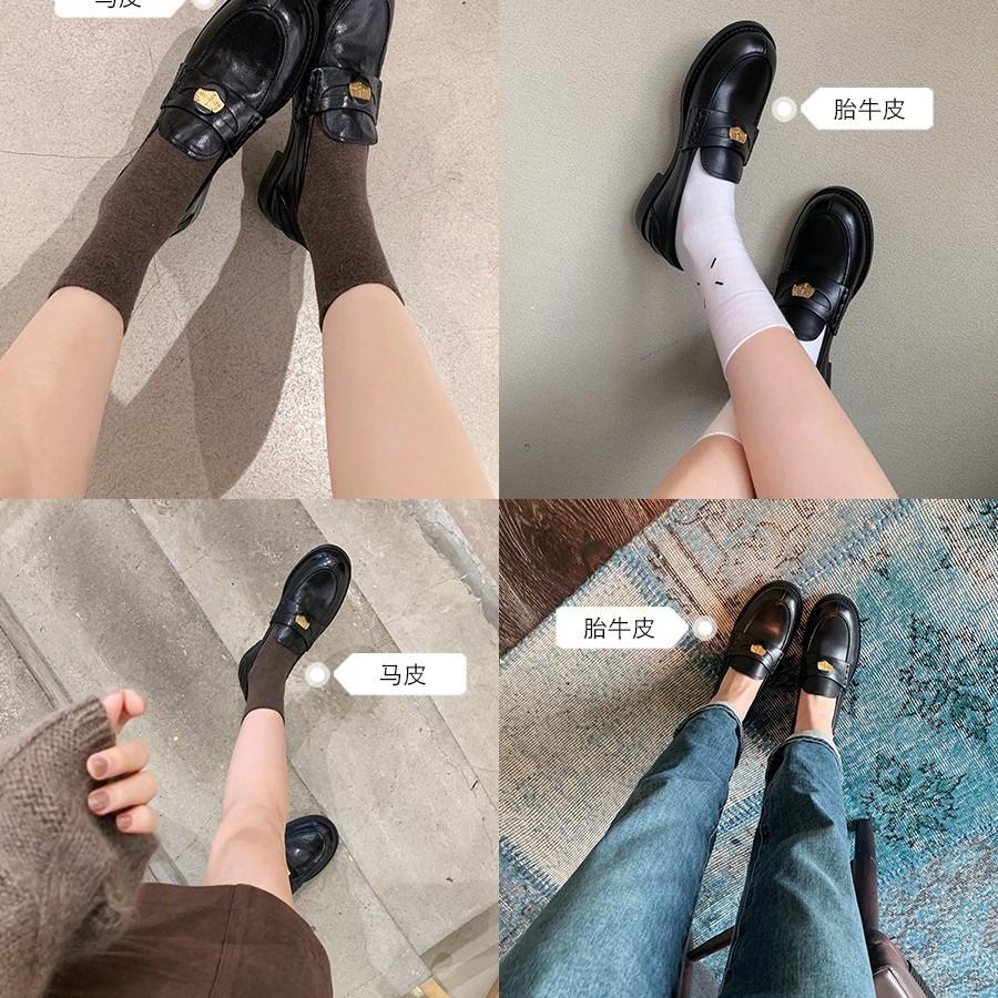 Grape mother, the same style, retro loafers, round head, small gold coins, British style leather, black single shoes, women's small leather shoes.