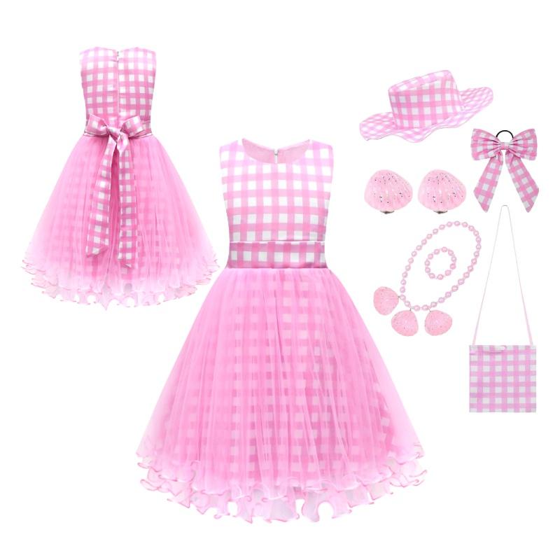 Princess Pink Sleeveless Dress Set With Bag Hat Bracelet Necklace Earrings And Hair Accessories