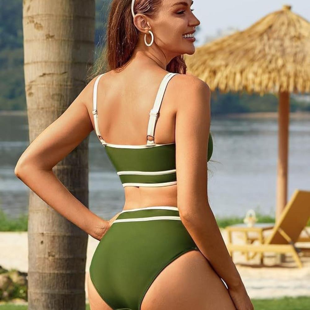 OFTBUY 2025 New Summer Sexy Sports Style High-waisted Swimsuit Women 2 Pieces Bikini Set Removable Bra Beach Swimwear Female