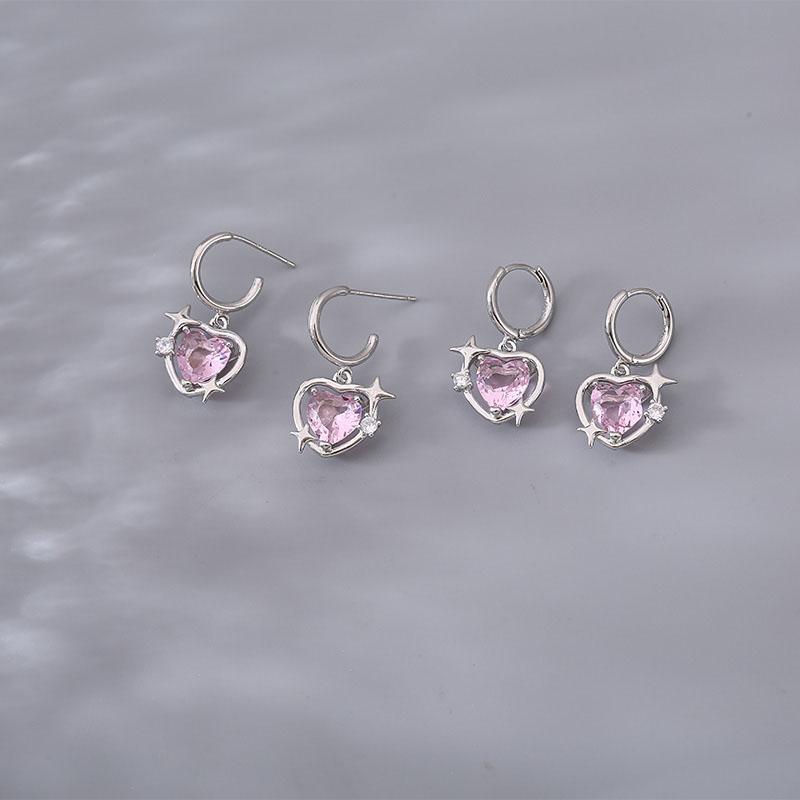 ANENJERY Korean Pink Heart Pendant Earrings Fashion Shiny Circle Earrings Couple Jewelry Gift Wholesale