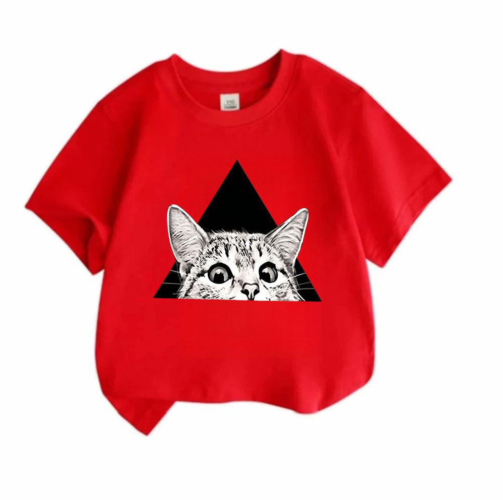 Kids Boys Girls 100% Cotton Crew Neck Short Sleeve T-Shirt, Cute Surprise Peeking Cat Geometric Black Triangle Pattern Casual Breathable Summer Tee fo
