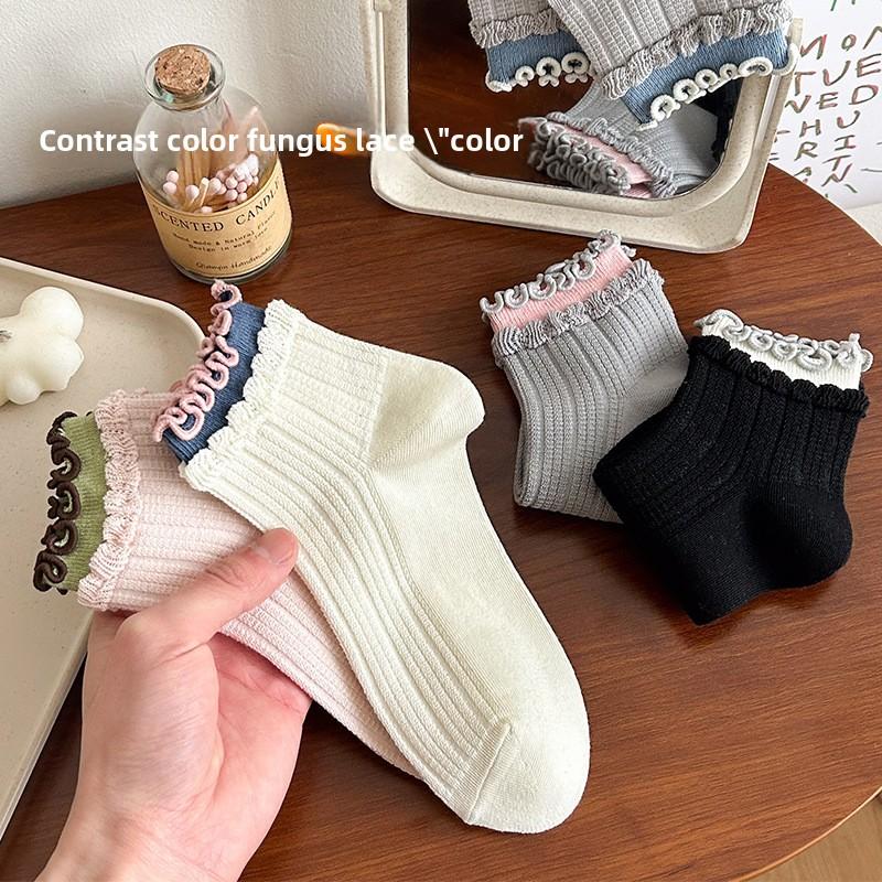 Spring and Summer Girls' Multi-color Double Earflap Lace Women's Short Socks Simple and Versatile Double Needle Cake Socks
