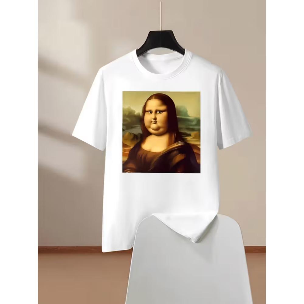 Vintage Distressed Funny Chubby Mona Lisa Print T Shirt Retro Art Parody Graphic Short Sleeve Tee