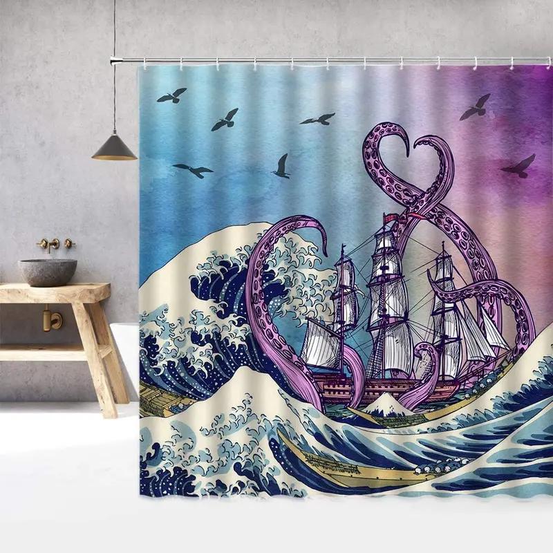 JY01Funny Cat Octopus Japanese Anime Kraken Monster Hokusai The Great Waves Kanagawa Antique Ocean Scenery Shower Curtain