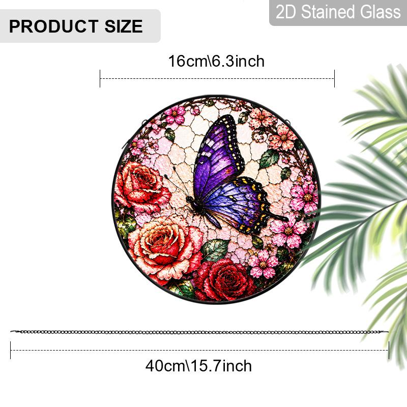 1pc 2D Flat Wildflower Stained Glass Suncatcher, 6.3/7.87 Inch Flower Buttery Stained Glass Suncatcher, Window Hanging, Home, Garden Windocw Decor