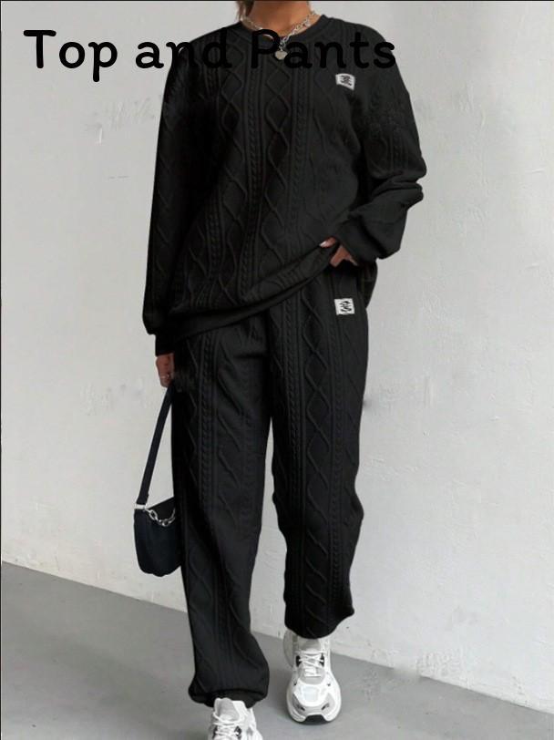 Autumn Winter Trendy Geometric Pattern Knit Pantsuit For Women Casual Lounge Wear