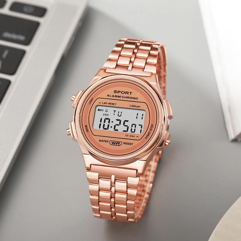 Women Casual LED Electronic Watch Retro Stainless Steel Men Women Unisex LED Digital Watch Multifunction Waterproof Wristwatch