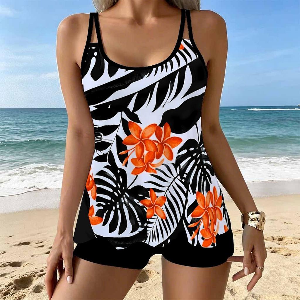 Women's Swimwear Tankini 2 Piece Swimsuit  Fresh Vacation Printing  Plant Print Vacation Bathing Suits