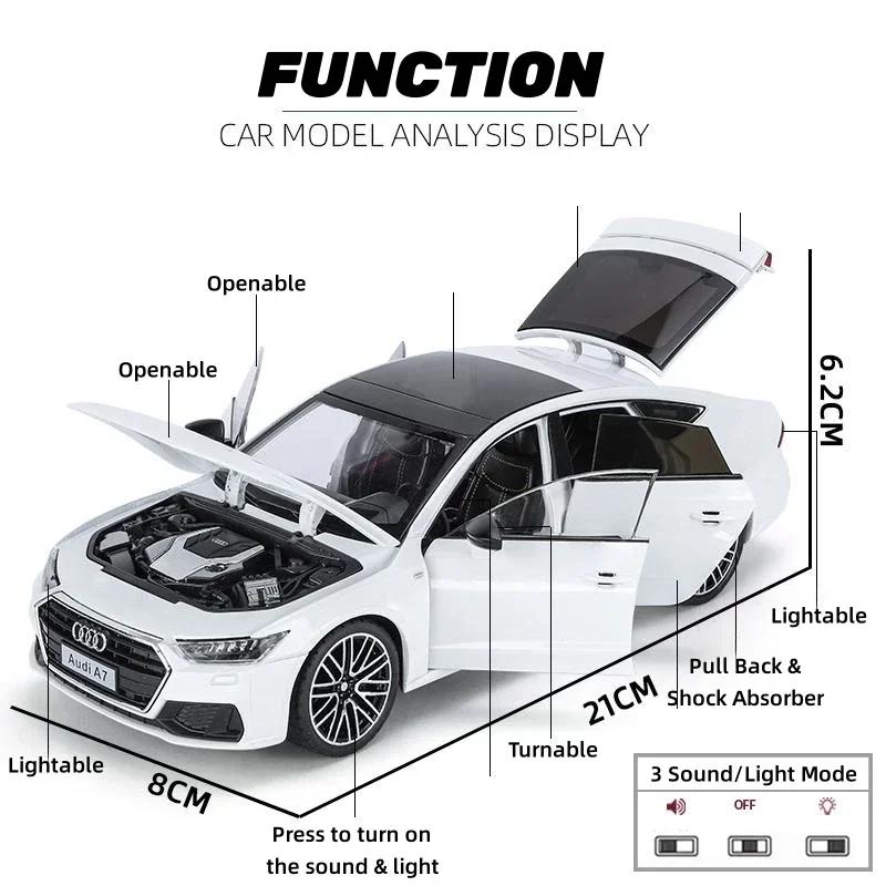 1:24 A7 Toy Car Model Diecast Alloy Vehicle Miniature Pull Back Sound & Light Doors Openable Collection Gift for Boy Kid