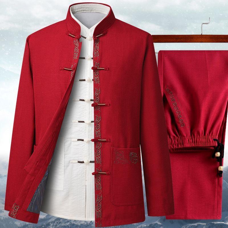 Chinese Traditional Men Tang Suit Tops Pants Hanfu Oriental Embroidery Clothing Sets Casual Kung Fu Tai Chi Uniform