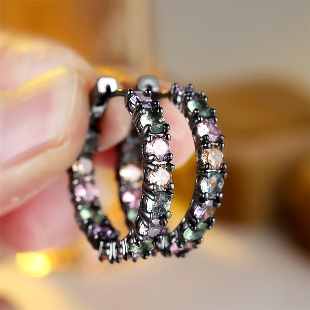 

Charm Female Rainbow Zircon Stone Hoop Earrings Vintage Fashion Black Gold Color Wedding For Women