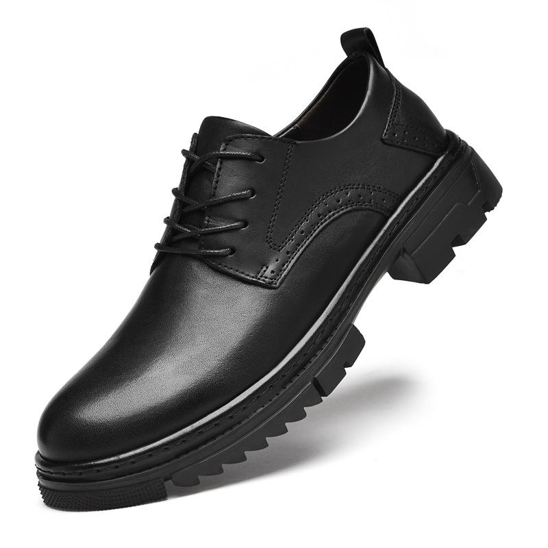 Men's leather shoes first layer cowhide thick sole heightening round head office leather shoes hole leather shoes