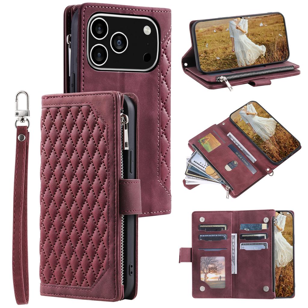 For iPhone 17 Pro Wallet Case Rhombus Stitching Line PU Leather Phone Cover with Wrist Strap