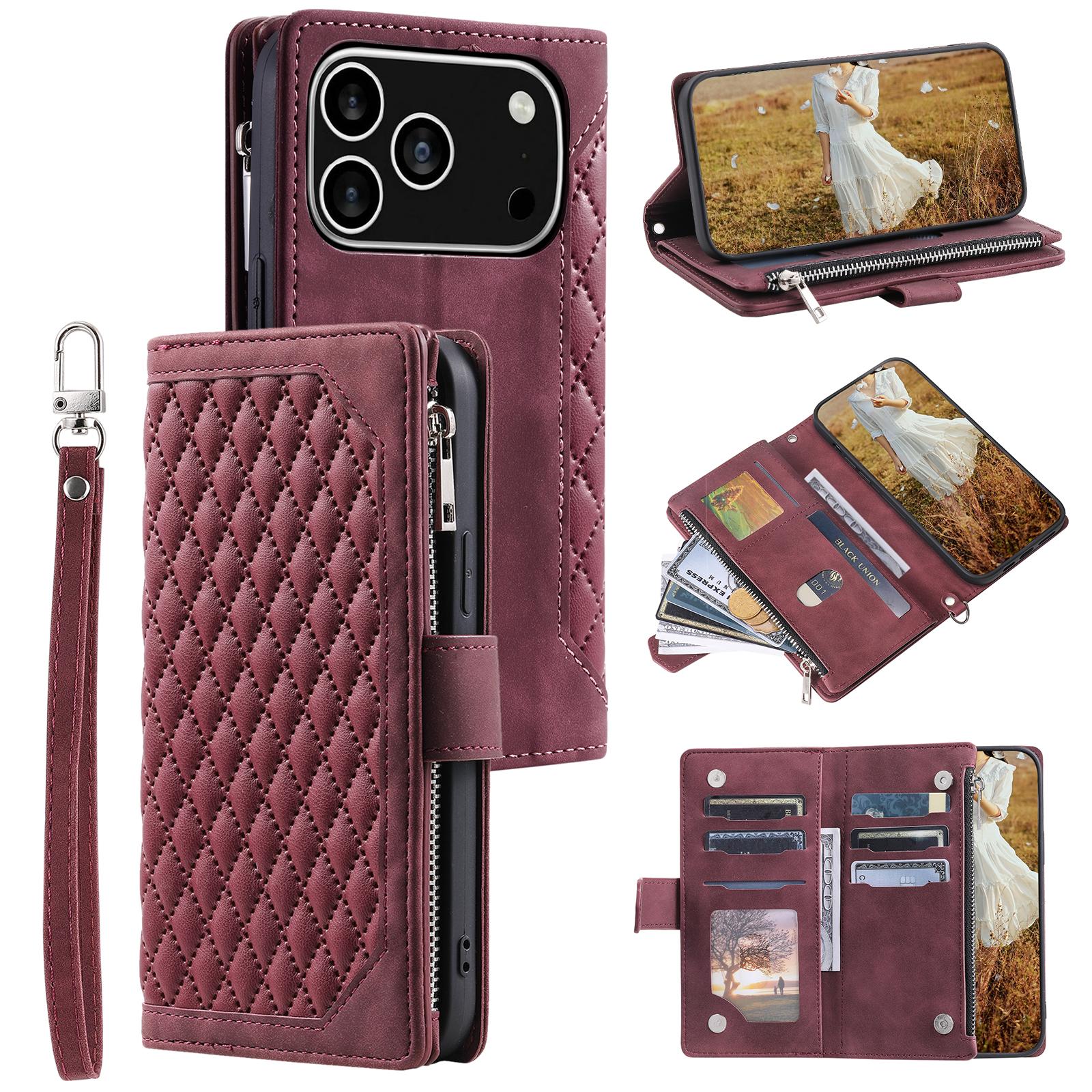 

For iPhone 17 Pro Wallet Case Rhombus Stitching Line PU Leather Phone Cover with Wrist Strap Wine Red