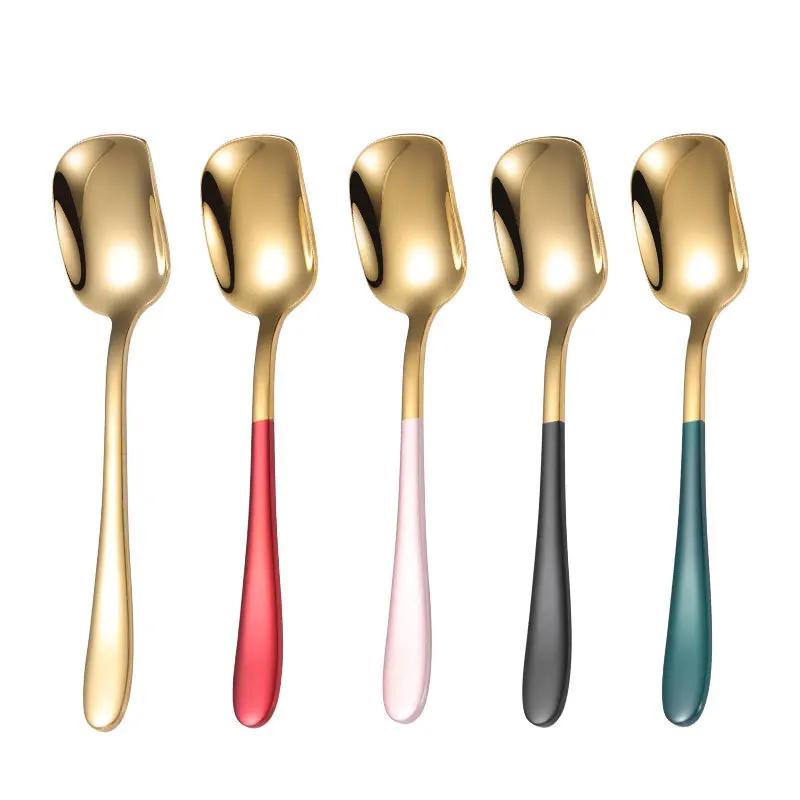 Stainless Steel Spoon Ice Cream Spoon Children's Titanium-plated Spray Paint Dessert Spoon Honey Stick  Kitchen Accessories