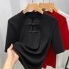 Chinese Style Stand-up Collar Mid-sleeved T-shirt for Women New Women's Solid Color Half-sleeved Cotton T-shirt for New Chinese Style Button Top