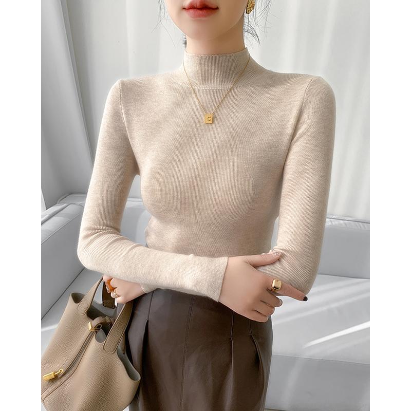 Autumn and Winter Semi High Neck Knitted Sweater Women Long Sleeve Solid Casual Base Sweaters Tops Office Lady Elegant Slim Fit Knitwear Jumper 25049