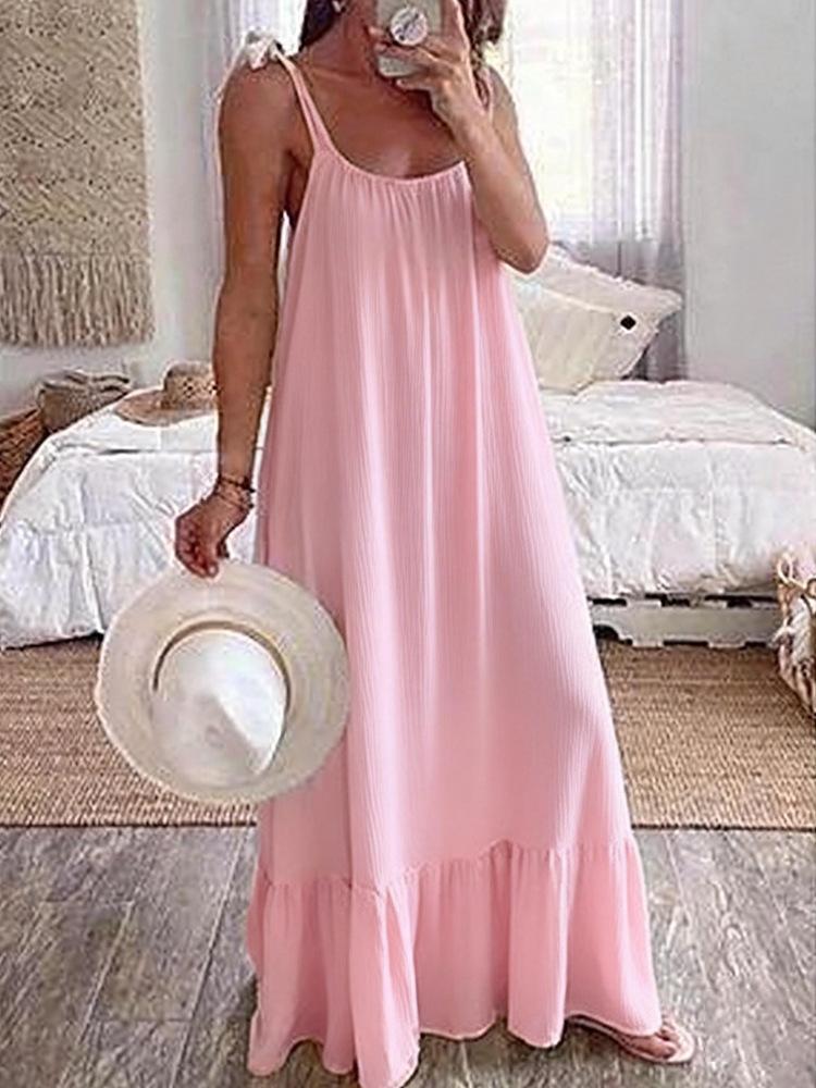 New women's clothing, casual suspender U-neck regular pleated multi-color women's dress long dress