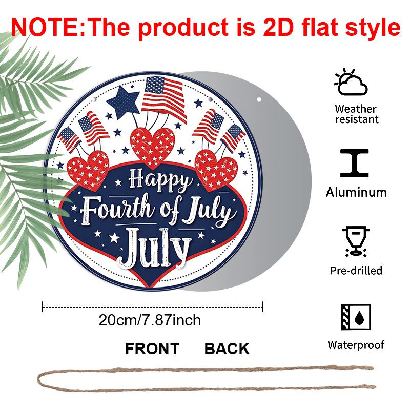 2D Flat, 1pc Round Aluminum Hanging Sign - 4th of July Patriotic Metal Wall Sign, "Happy Fourth of July" Star & Flag Design, Perfect for Indoor