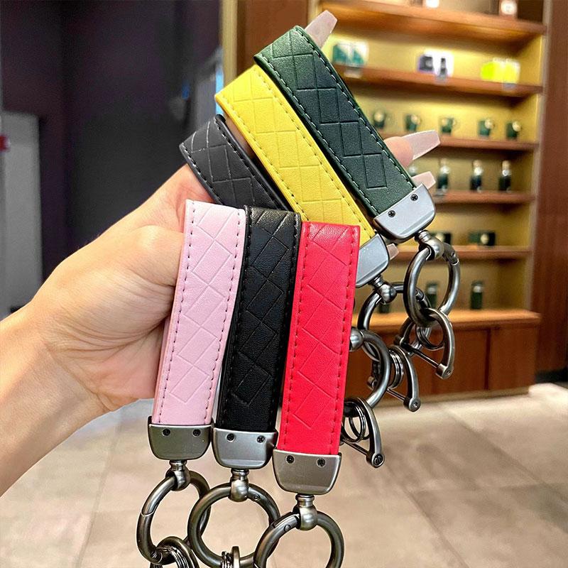 

1PC Women Men Black Buckle Car Key Ring Chain Holder Genuine Leather Plaid Keychain Bag Pendants