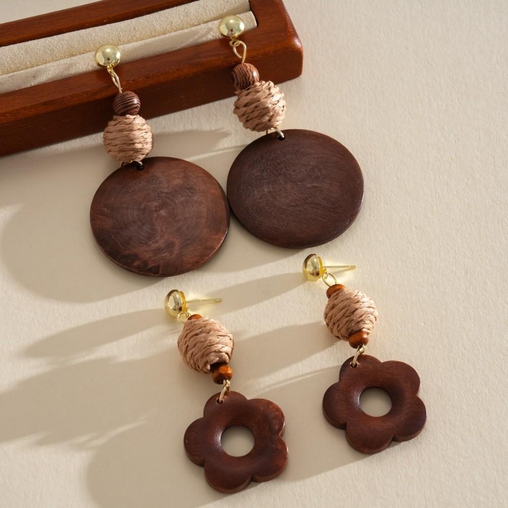 Brown Wooden Drop Earrings Flower Beads Dangle Earrings New Woven Tassel Earrings Beach