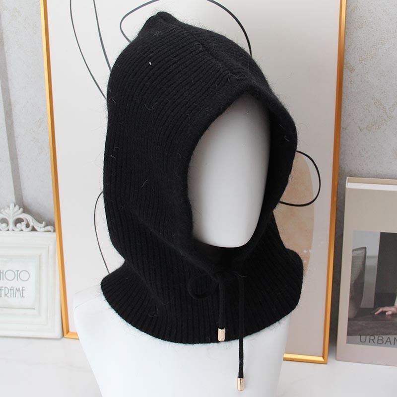 Rabbit Fur Knitted Balaclava Hat Women's Winter Integrated Neck Guard Hat Drawstring Warm Hooded Scarf European and American Cold Hat