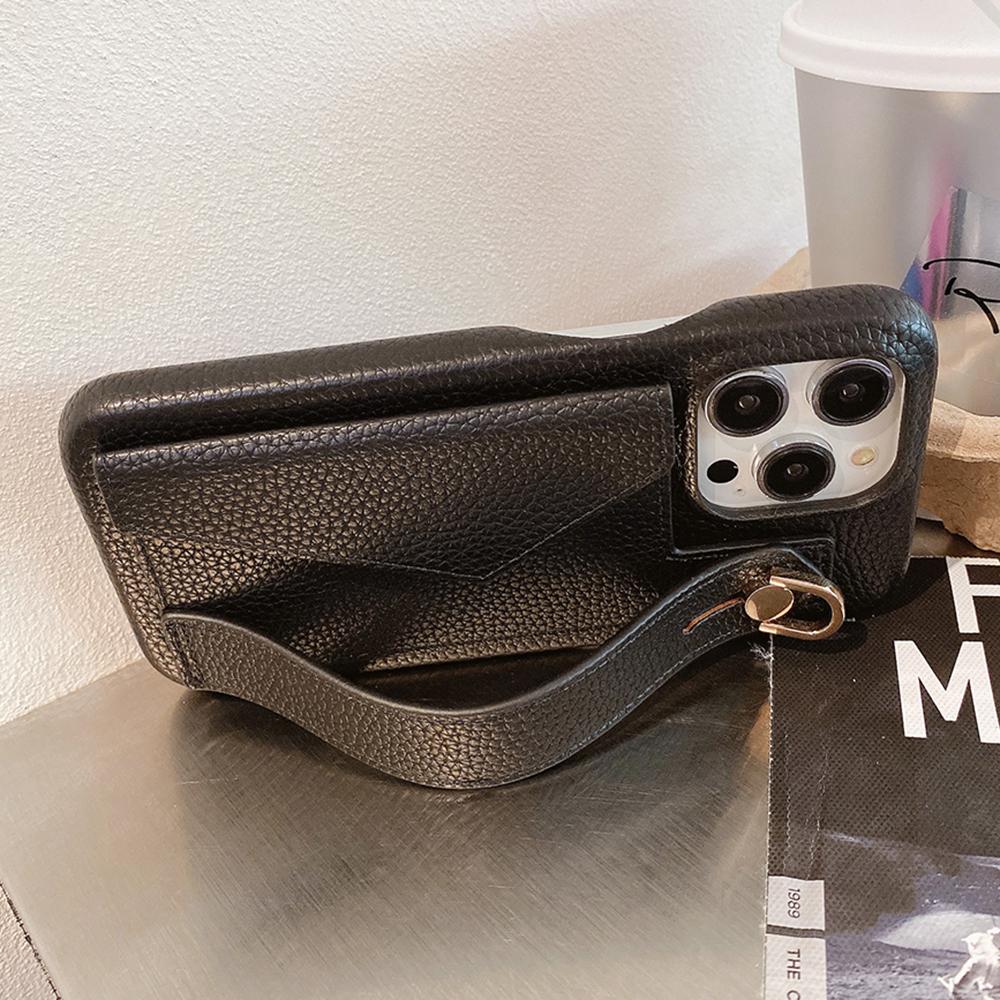 For iPhone 14 Pro Case with Card Slot Wristband Kickstand PU Leather+PET Phone Cover