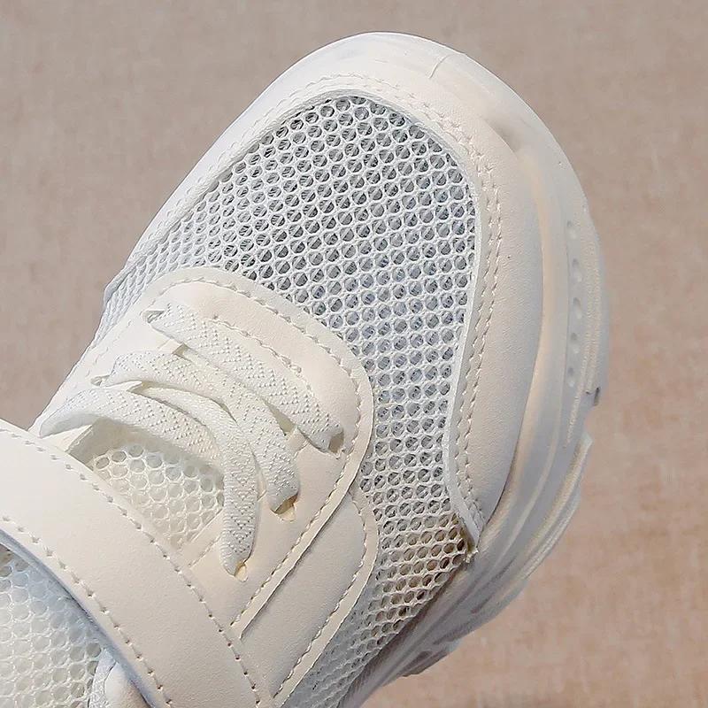 Children White Shoes Mesh Breathable Kids Sneakers Soft Sole 2025 New Fashion Boys Girls Running Shoes Hook&loop Soild Color