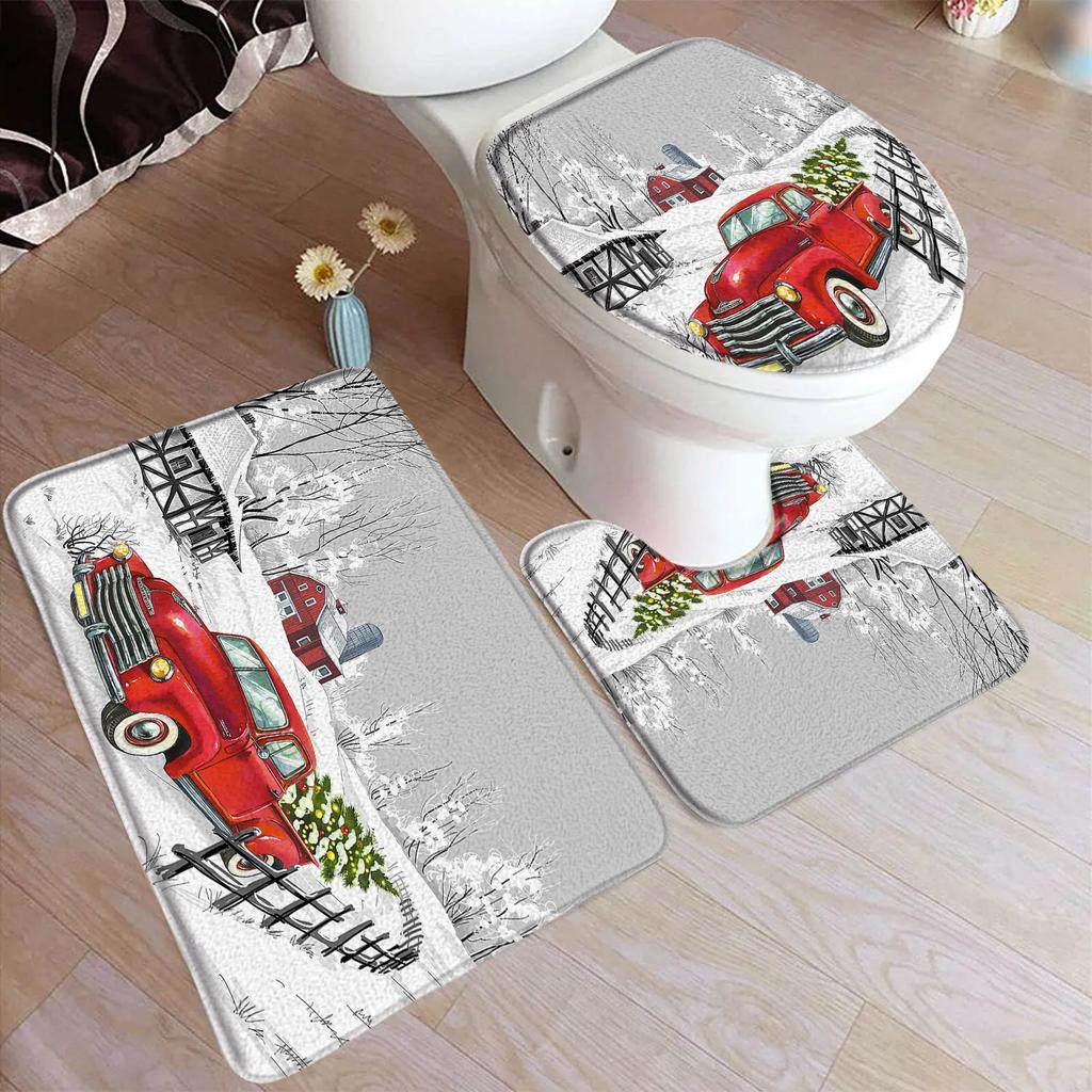 Red Christmas Shower Curtain Set Green Pine Branches Rope Ball Winter New Year Xmas Bathroom Decor Rug Bath Mat Toilet Lid Cover