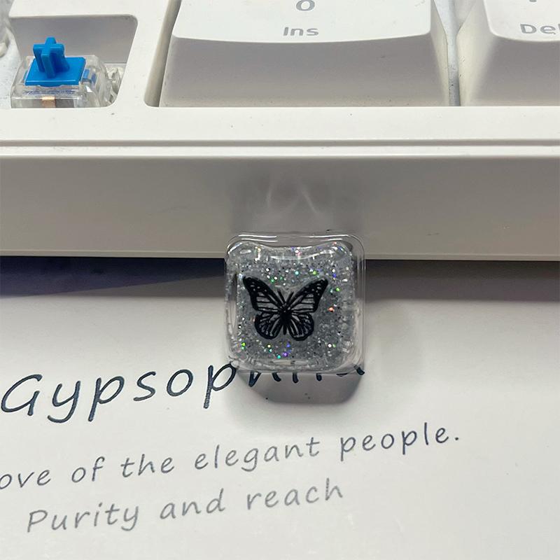 1Pcs Handmade Translucent Butterfly Glitter Resin Keycaps Cross Axis Mechanical Keyboard Keycap Decoration Esc Wasd Keycaps