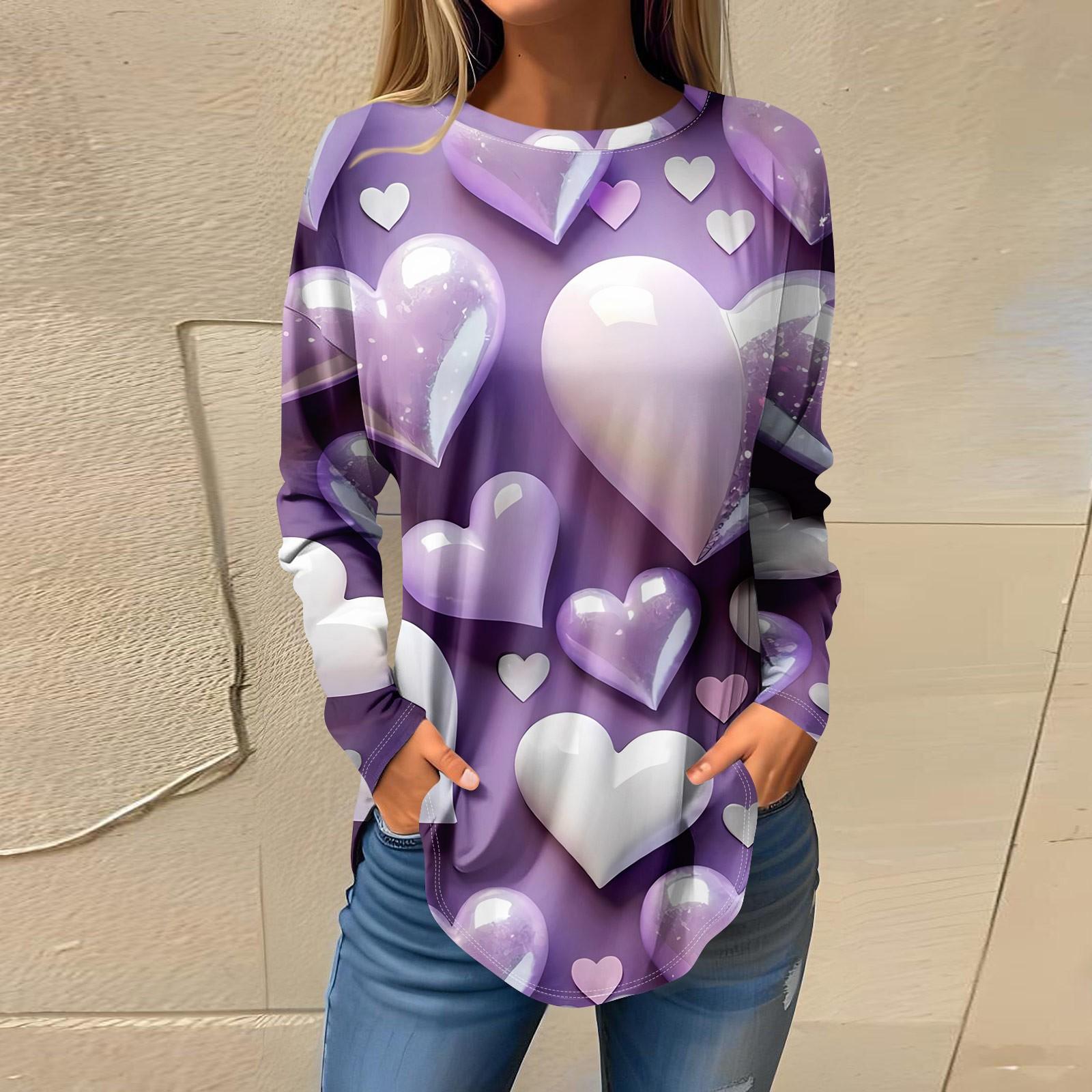 

Футболки для женщин Повседневные рубашки с круглым вырезом и длинным рукавом с принтом ко Дню святого Валентина Топ-пуловер XXL фиолетовый