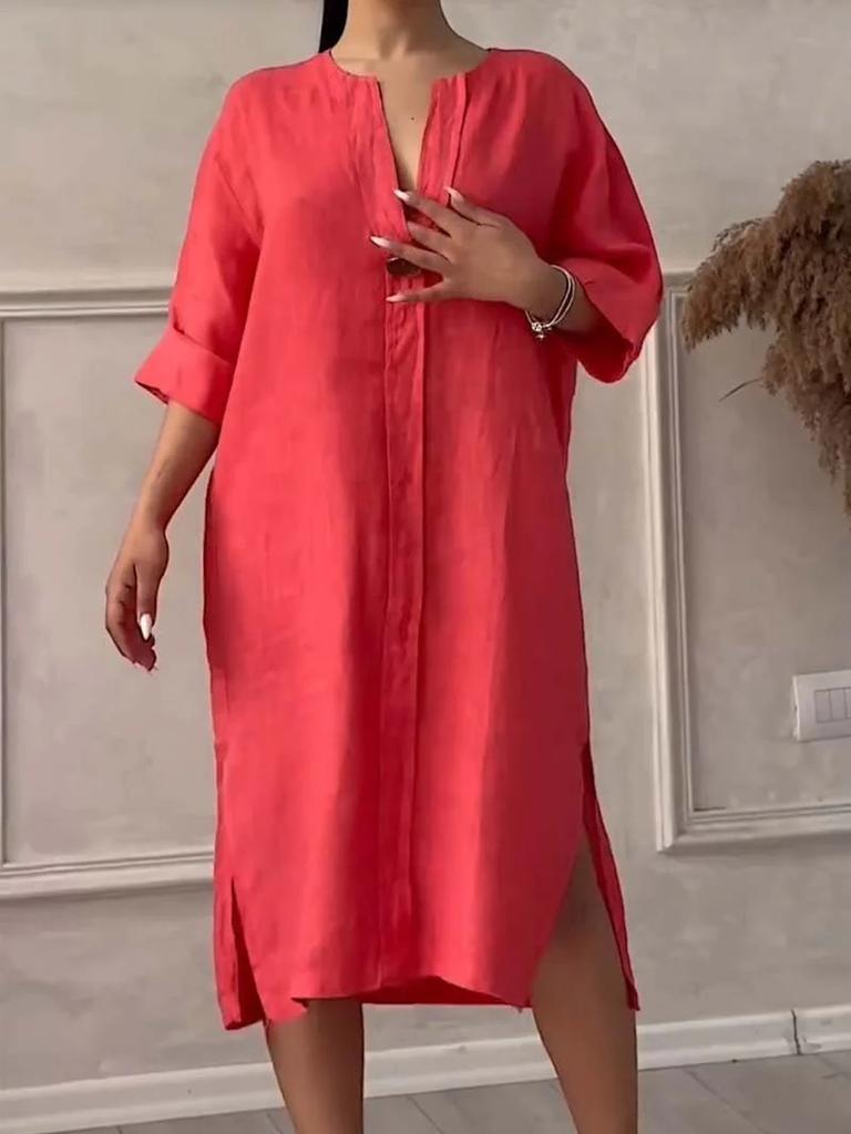 Women's New Cotton Linen Solid Color Casual Round Neck Button Long Dress